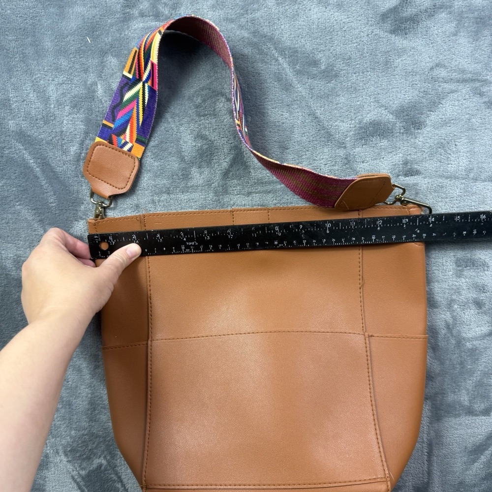 Threaded Pear Cognac Faux Leather Tote Bag Colorful Woven Strap Boho Purse - Picture 5 of 6